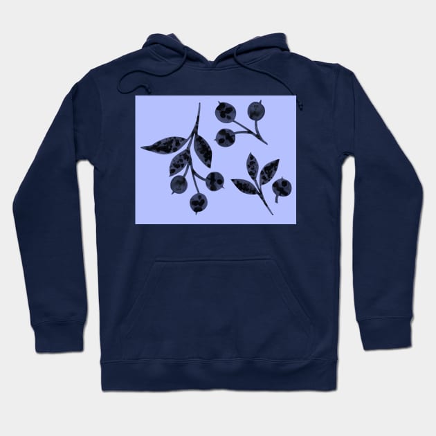 Christmas ornament with snow-covered berries. Hand-drawn watercolor blueberries and leaves on blue. Perfect for greeting cards, postcards, logo, textile, fabric, packaging, wrapping paper. Hoodie by Olesya Pugach